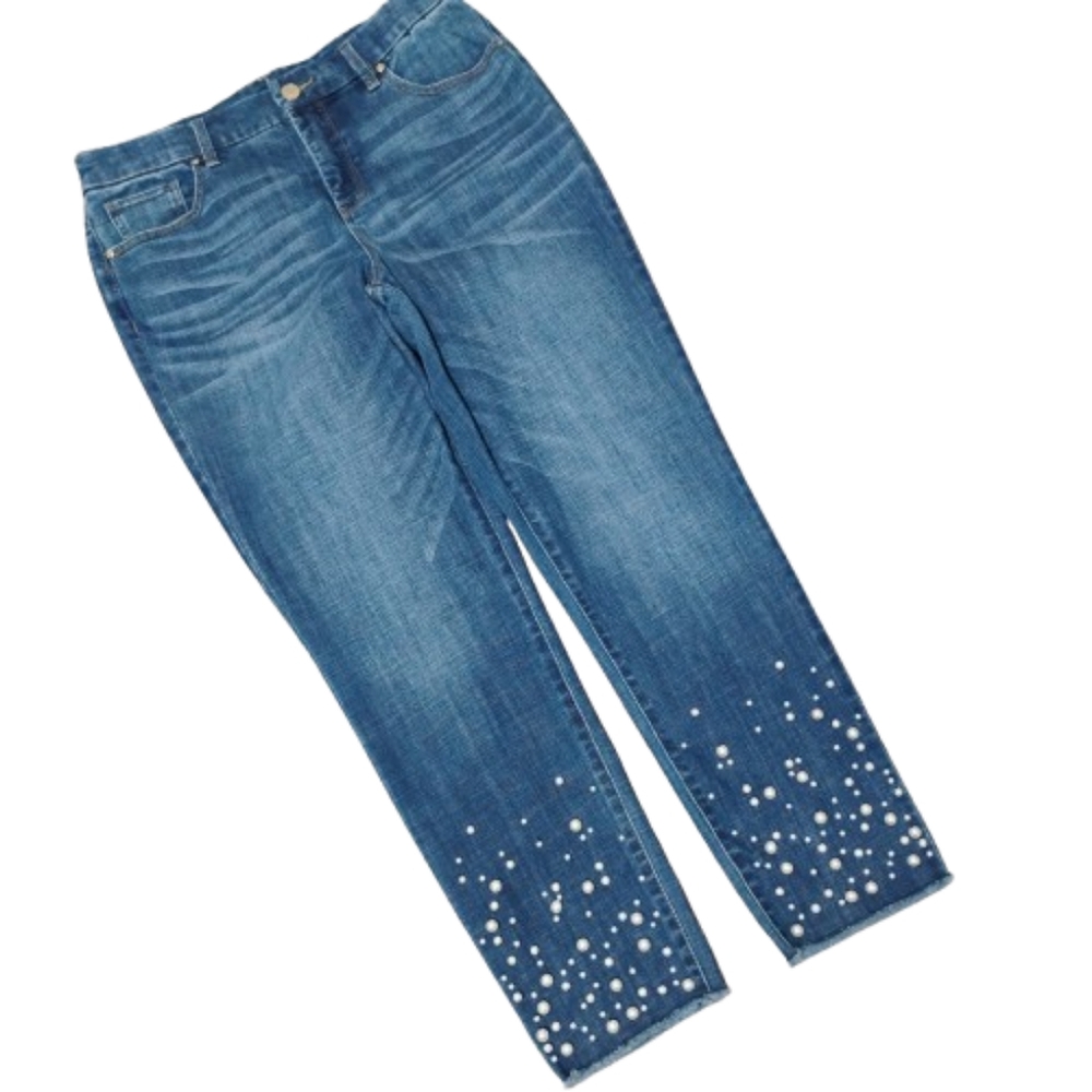 Faux Pearls Embellished Girlfriend Ankle Cropped Jeans US 6 So Slimming Raw Hem